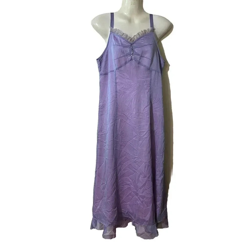 VTG Cottagecore Charng Shin Silk Cami Midi Dress 11/L/XL Sleeveless Line Violet